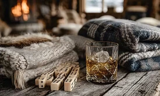 Amerikanischer Bourbon Bourbon auf Holztisch mit Würfel und Decke vor Kaminfeuer