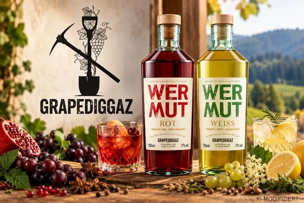 GrapeDiggaz Wermut Rot Pinot Noir und Wermut Weiss Riesling mit GrapeDiggaz Logo