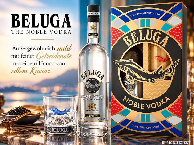 Wodka, Glasflasche, Geschenkverpackung, klare Spirituose, Beluga-Störmotiv