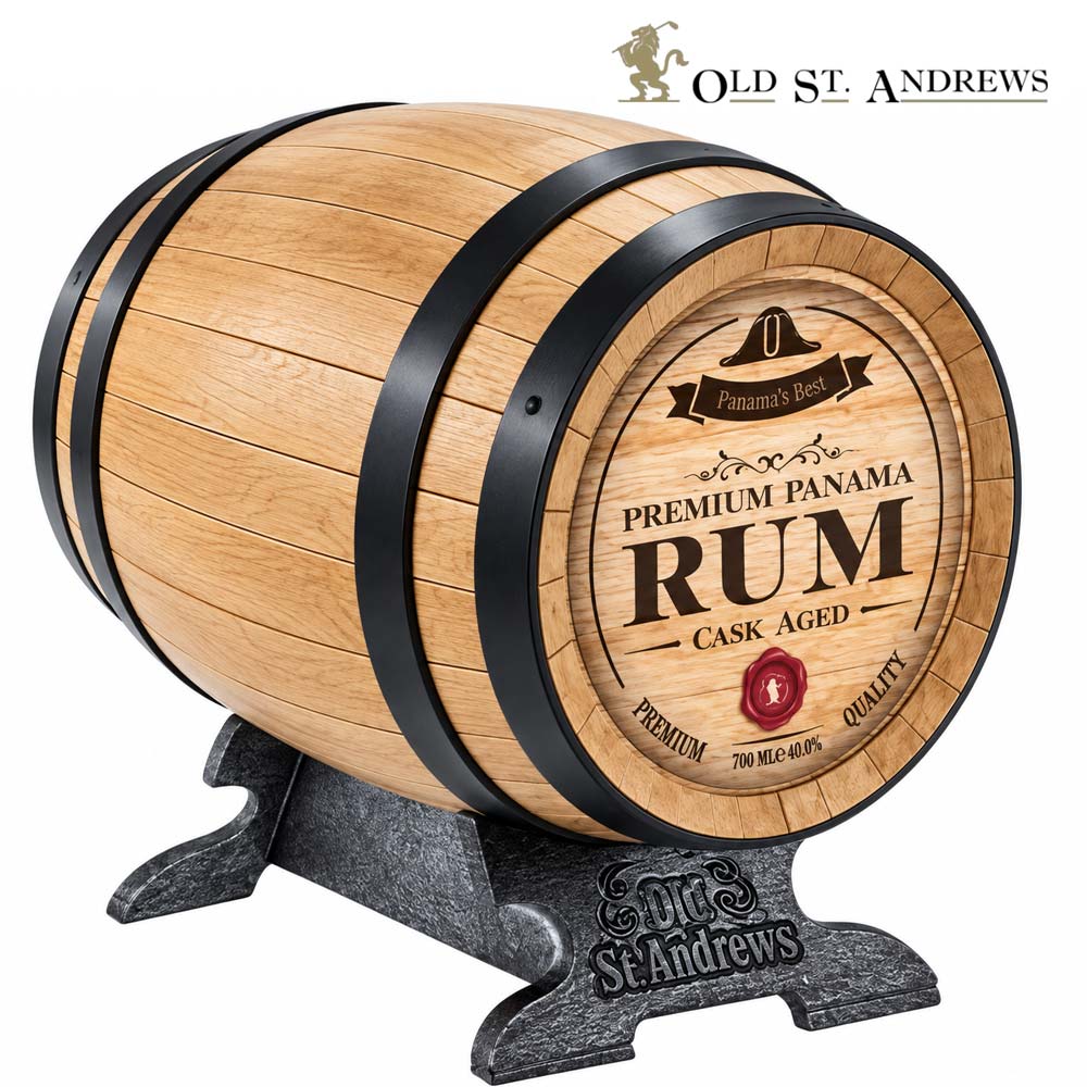 Panama-Rum, Holzfass, Schwarze Metallbänder, Fassständer, 700 ml