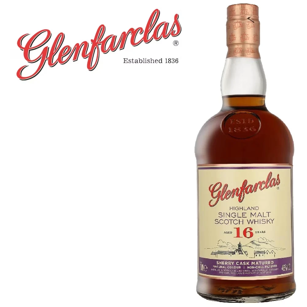 whisky, single malt, 16 Jahre, Glasflasche, Glenfarclas sichtbar