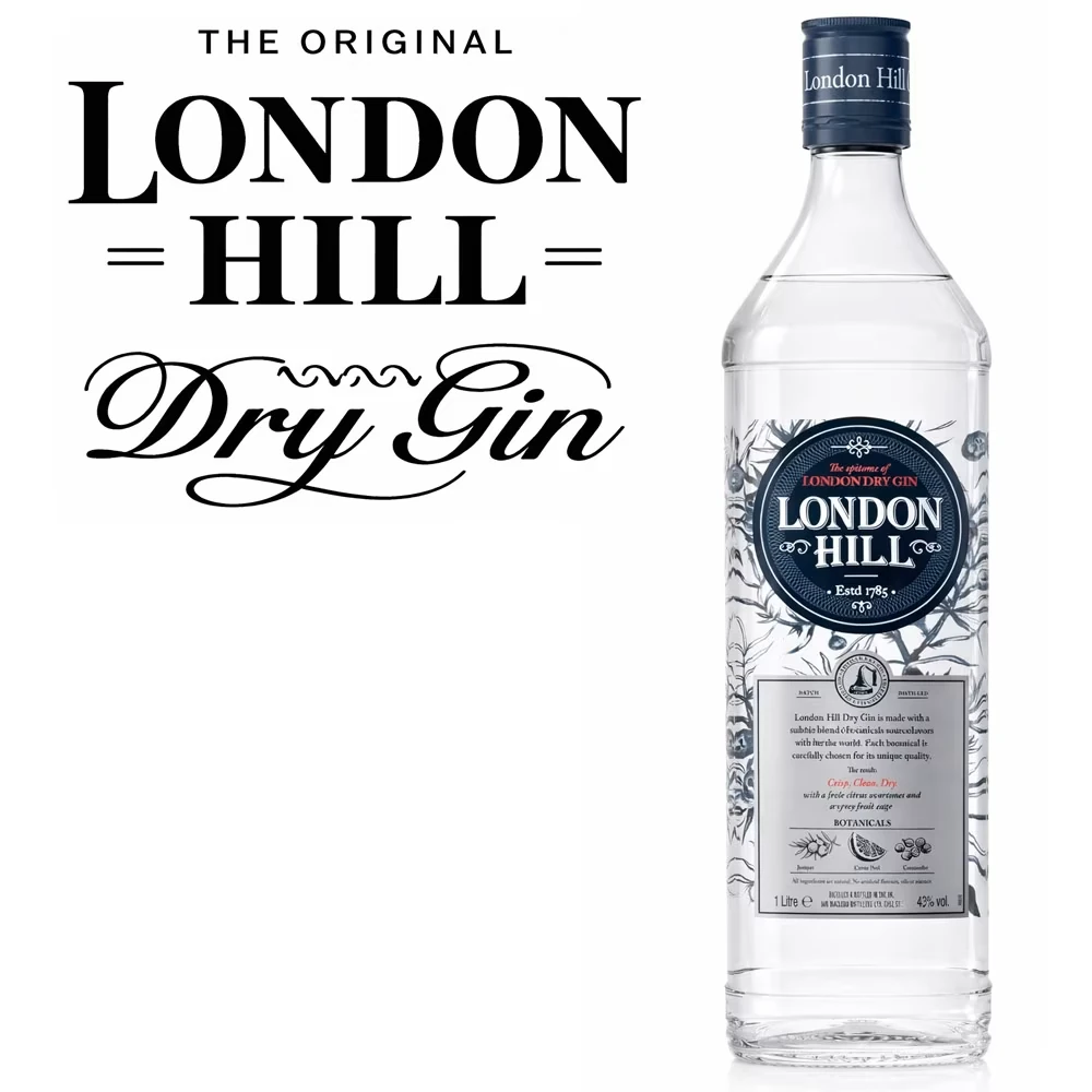 Dry gin, London Hill, klarer Flasche, blauer Etikett, 1 Liter