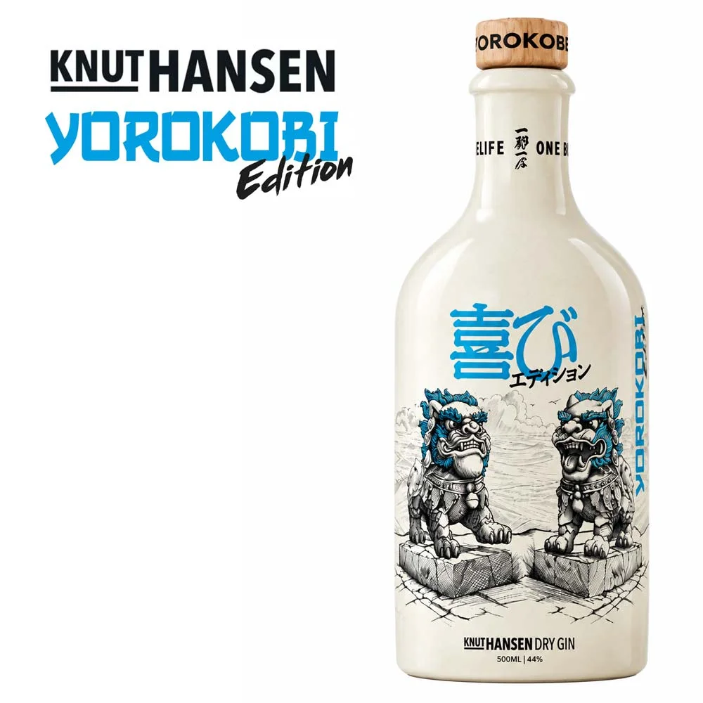 Dry Gin, Keramikflasche, cremeweiß, Holzverschluss, Shisa-Illustration, Dry Gin, Keramikflasche, Cremeweiß, Blaue Schrift, Tempelwächter-Motiv