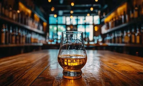 Island Whisky Verkostung island Whisky Tasting mit Nosing Glas auf Holztisch