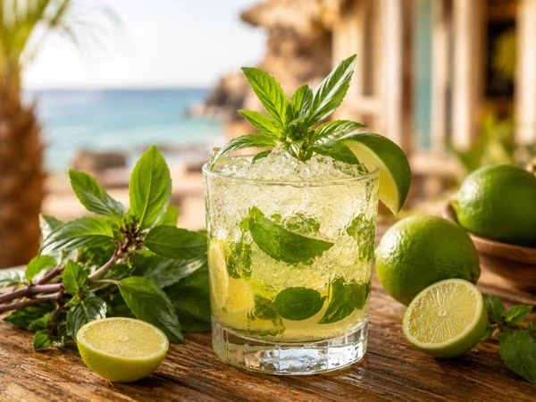 Thai Basil Smash Cocktail mit Gin Basilikum und Limette