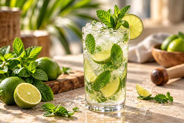 Mojito, Cocktailglas, Limette, Minze, Eiswürfel