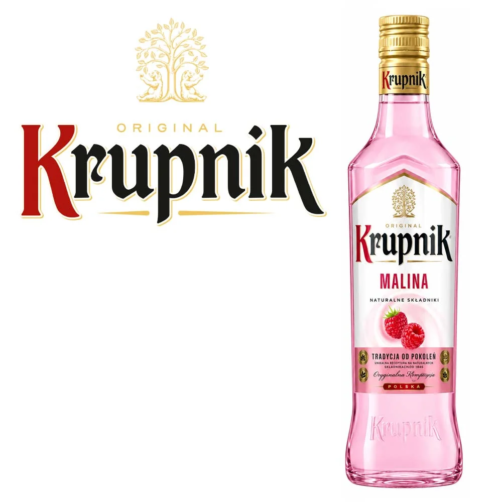 Himbeerlikör, Spirituosenflasche, rosa Flüssigkeit, Himbeergeschmack, Himbeerlikör, Spirituosenflasche, rosa Flüssigkeit, Himbeergeschmack