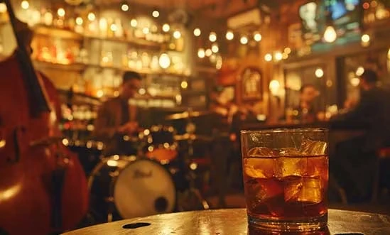Rye Whiskey Rye Whiskey auf Holztisch in Bar mit Band