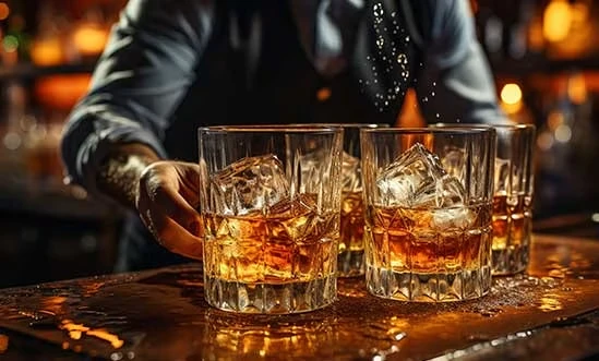 4 Tennessee Whiskey Gläser auf dem Bartresen zur Verkostung