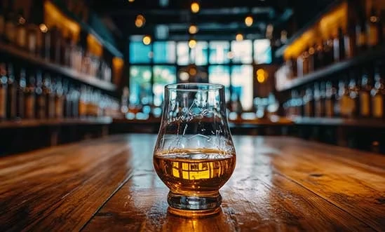 Amerikanischer Whiskey Amerikanischer Whiskey in einem Glencairn Glas auf Holztisch in Bar