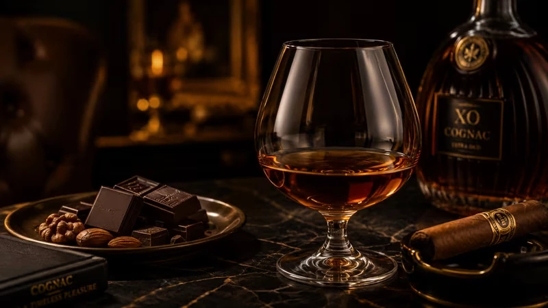 Cognac im tulpenförmigen Glas mit Schokolade, Nüssen und Zigarre auf dunklem Hintergrund