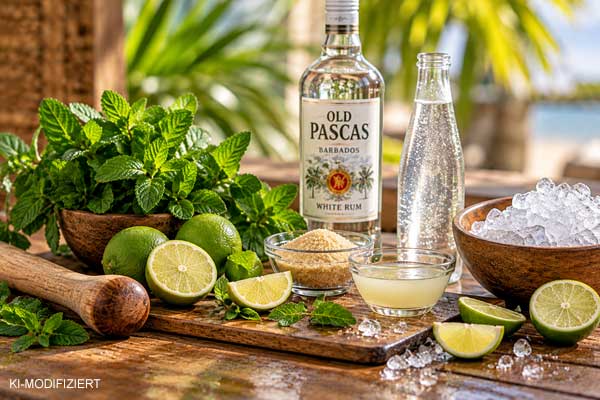 Mojito Zutaten mit weißem Rum, frischer Minze, Limetten, Zucker, Sodawasser und Eis