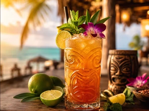 Mai Tai Cocktail mit Rum Limette und Tiki Dekoration