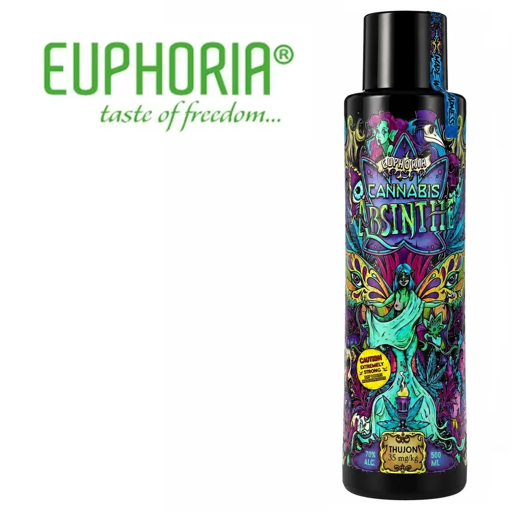 Cannabis-Absinthe, Flasche 500 ml, Alkoholisches Getränk, Motivkunst-Design, Kunstvoller Flaschenaufdruck