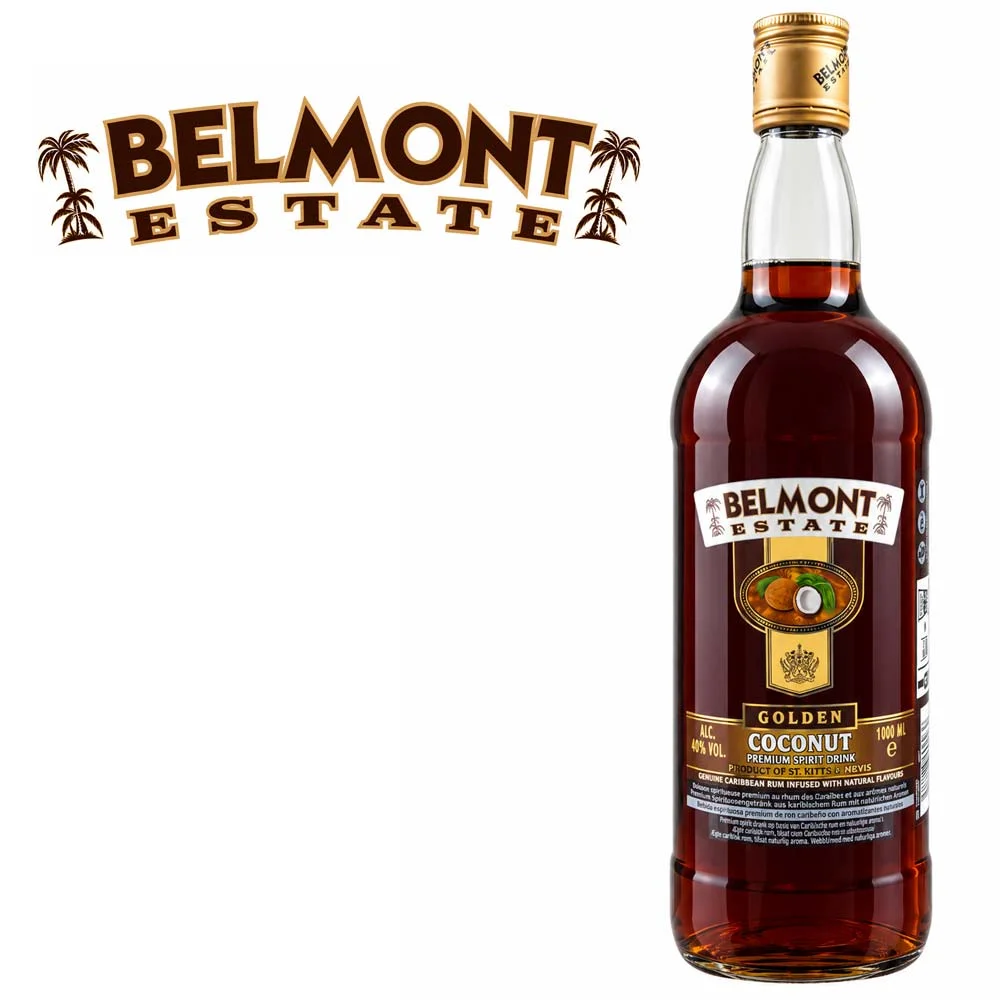 Kokos, Rum, Goldener Rum, Flasche, Etikett, Kokosnuss-Rum, Spirituose, Flasche, Goldene Kokosnuss, Belmont Estate