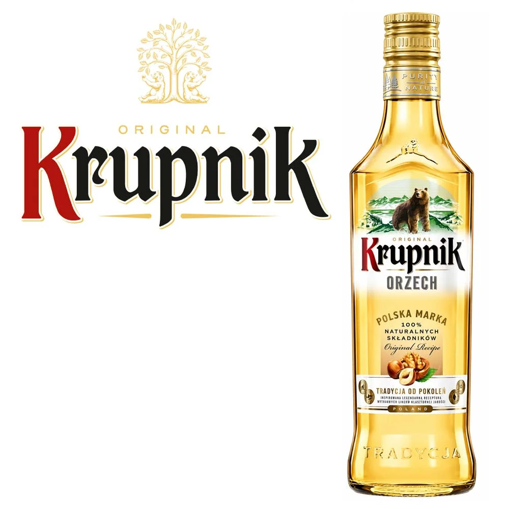 Nusslikör, Spirituosenflasche, Goldene Flüssigkeit, Glasflasche, Walnussgeschmack, Nusslikör, Likörflasche, goldgelb, Glasflasche, polnischer Likör