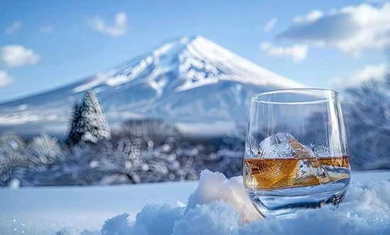 Whisky aus Japan Whisky aus Japan im Glas auf Eis mit schneebedecktem Fuji im Hintergrund
