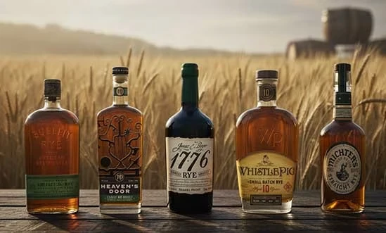 Rye Whiskeys Rye Whiskey Marken auf Holztisch vor Roggenfeld