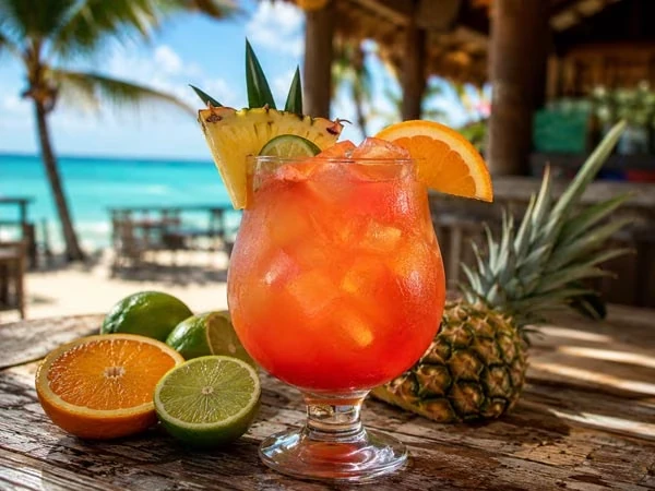 Karibischer Rum Punch mit Fruchtsaft Rum und Eis