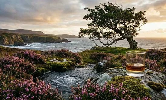 Highland Whisky im Glas mit Meer, Eiche, Heidekraut