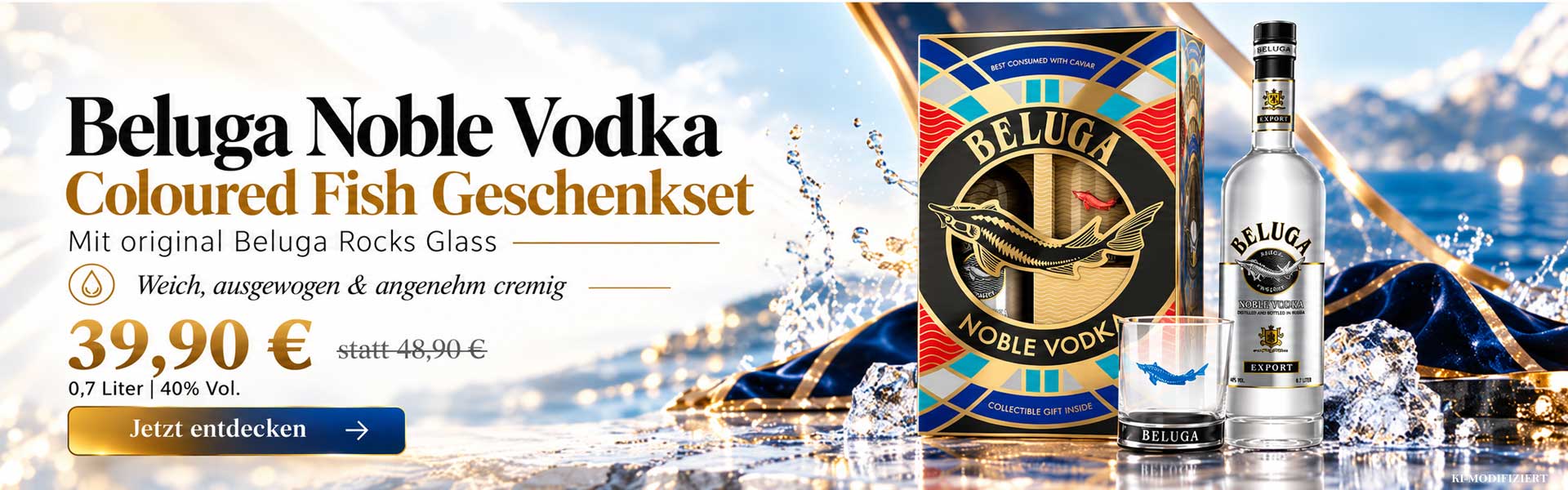 Wodka-Geschenkset, Wodkaflasche, Trinkglas, klares Glas, Fischmotiv