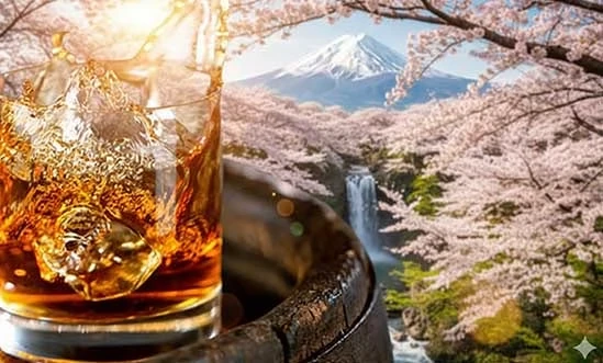 Japan Whisky Japan Whisky mit Fuji, Wasserfall und Kirschblüte