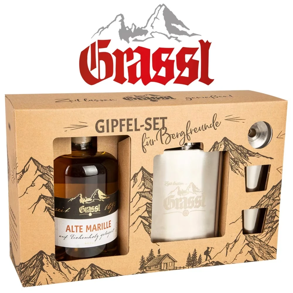 Grassl Alte Marille - Flachmann & Edelstahlbecher