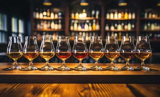 Islay Whisky Tasting mit Nosing Gläsern auf Holztisch