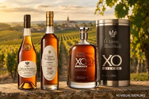 Château de Montifaud Cognac Sortiment mit VS, VSOP und XO Silver vor Weinbergen der Petite Champagne