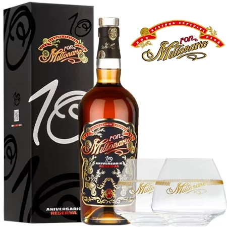 Ron Millonario 10 Aniversario Reserva Rum mit Gläser