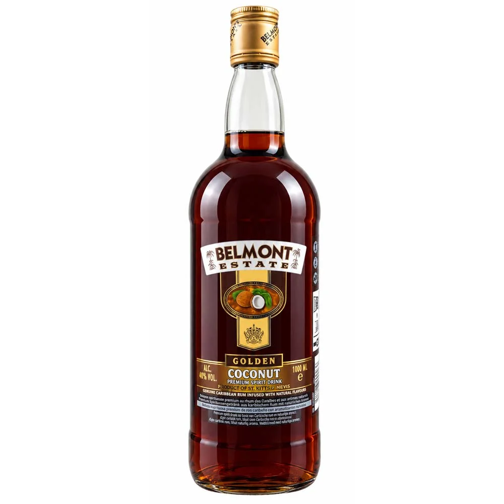 Likör, Kokosnuss, Belmont Estate, Goldene Farbe, Glasflasche, Kokosnussrum, Rum, Belmont Estate, Karamellfarbe, 1000 ml