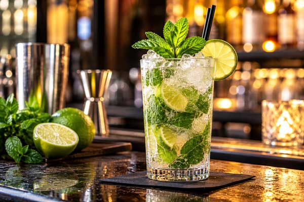 Fertig gemixter Mojito Cocktail mit Limette, Minze und Crushed Ice auf einer beleuchteten Bartheke