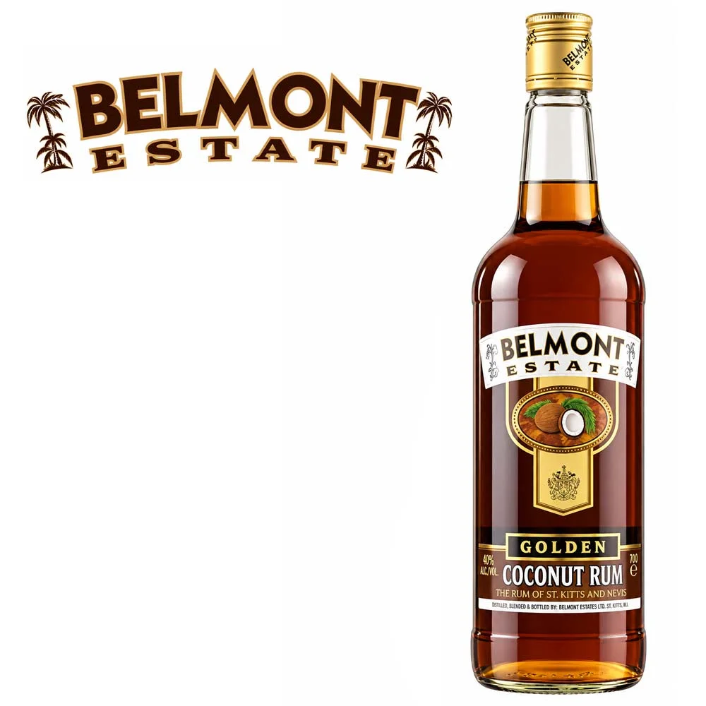 Kokosrum, Goldenes Rum, Belmont Estate, Flasche Rum, Likörflasche, Kokosrum, Rum, Glasflasche, Gold, Belmont Estate