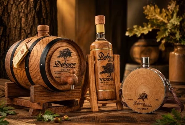 Dębowa Polska Vodka im Holzfass, in der Holzschaukel und als Trinkflasche