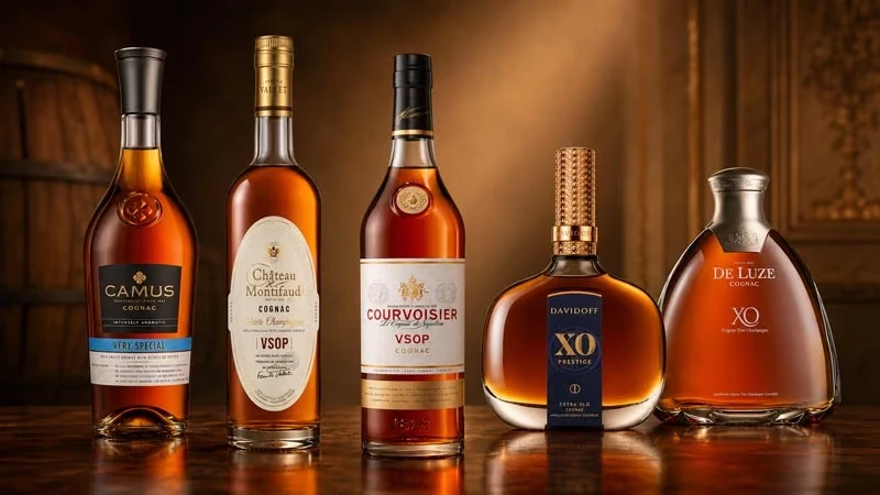 Cognac Sortiment mit Camus, Château de Montifaud, Courvoisier, Davidoff und De Luze