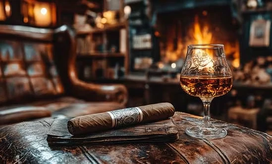 Rye Whiskey kaufen Rye whiskey in Nosingglas mit Zigarre auf Lederhocker vor holzkamin