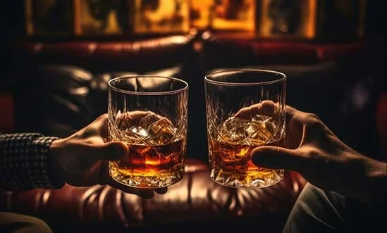 Bourbon trinken Zwei Männer trinken vor Kaminfeuer Bourbon