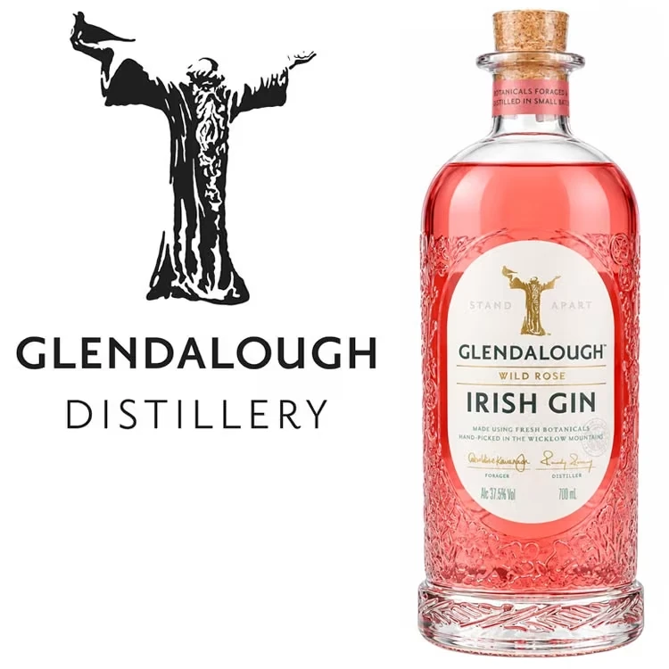 Irish gin, Destillerie, Glendalough, rosa Flüssigkeit, Flasche mit Korken