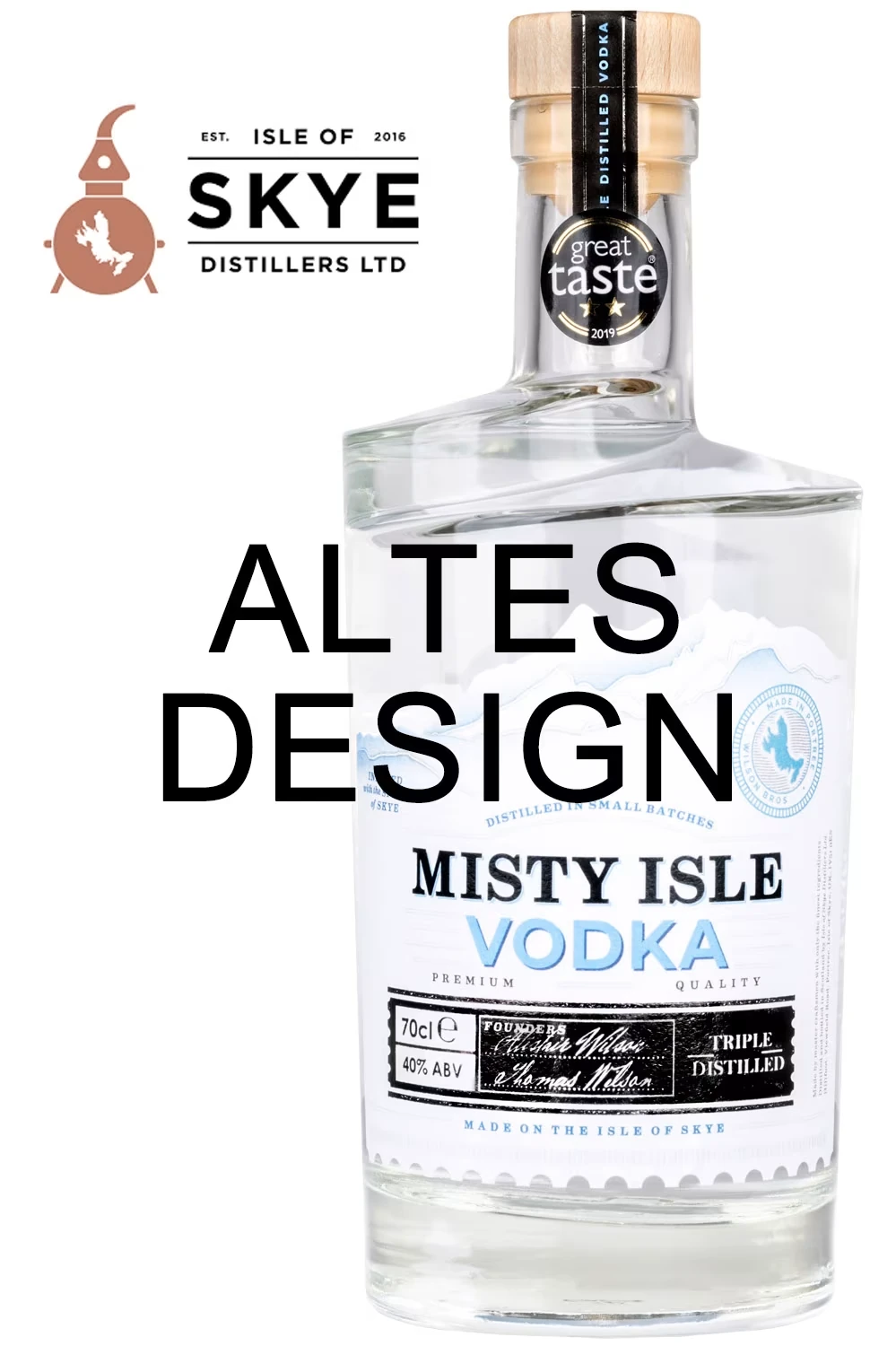 Wodka, Misty Isle, Altes Design, Kleine Chargen, Transparente Flasche