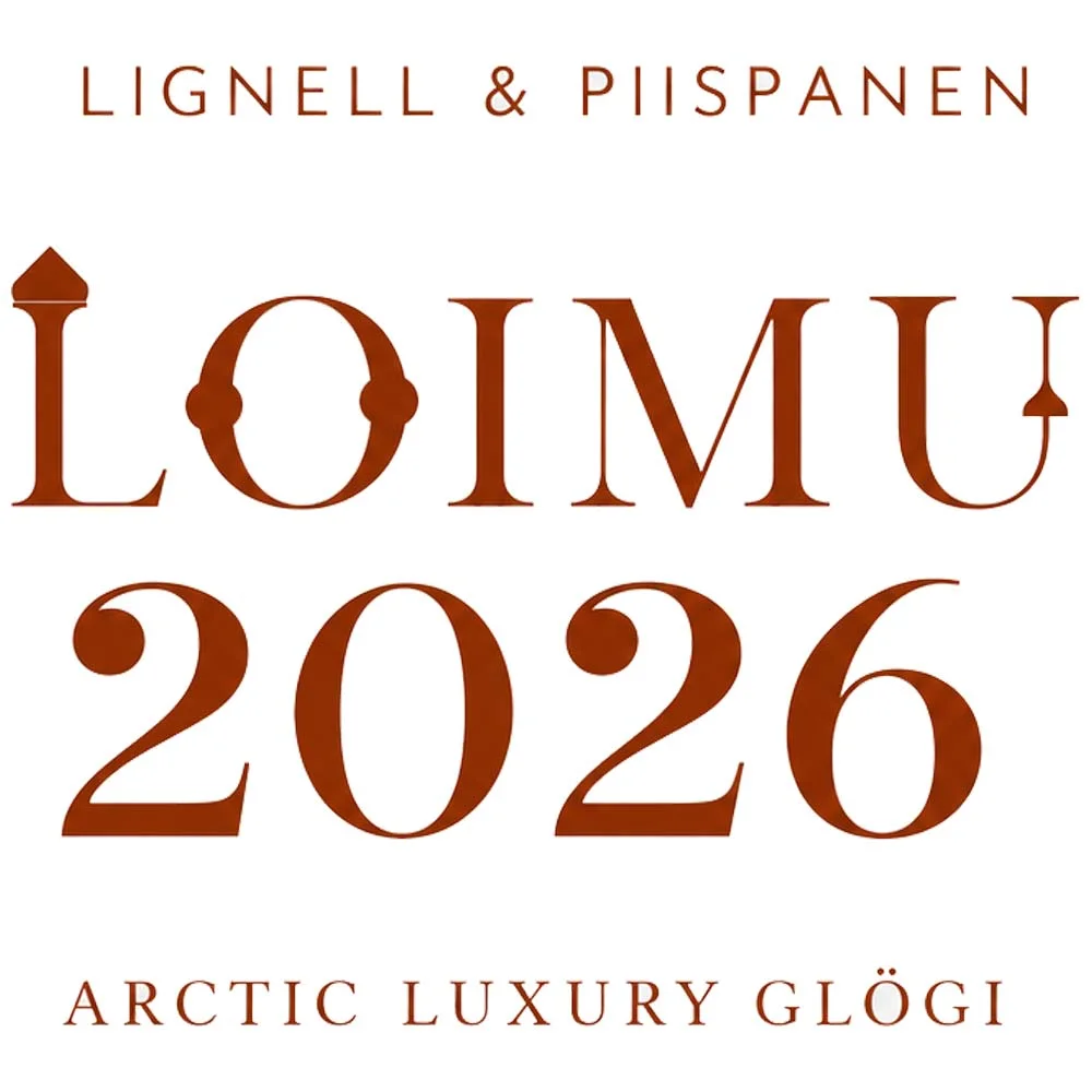 Glögi, Getränkeetikett, Jahrgang 2026, Arktischer Glühwein, Rotbraune Schrift, Glögi, Gewürzgetränk, Jahrgang 2026, finnisches Getränk, braune Schrift