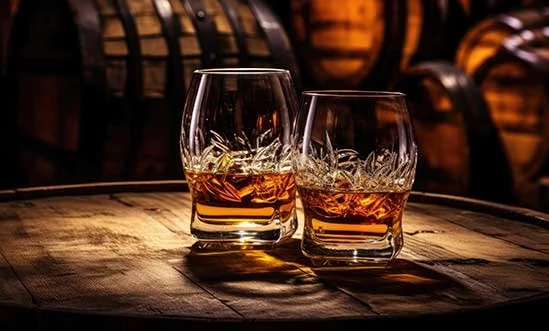 Bourbon Whisky Bourbongläser auf Holzfass vor Holzfässern