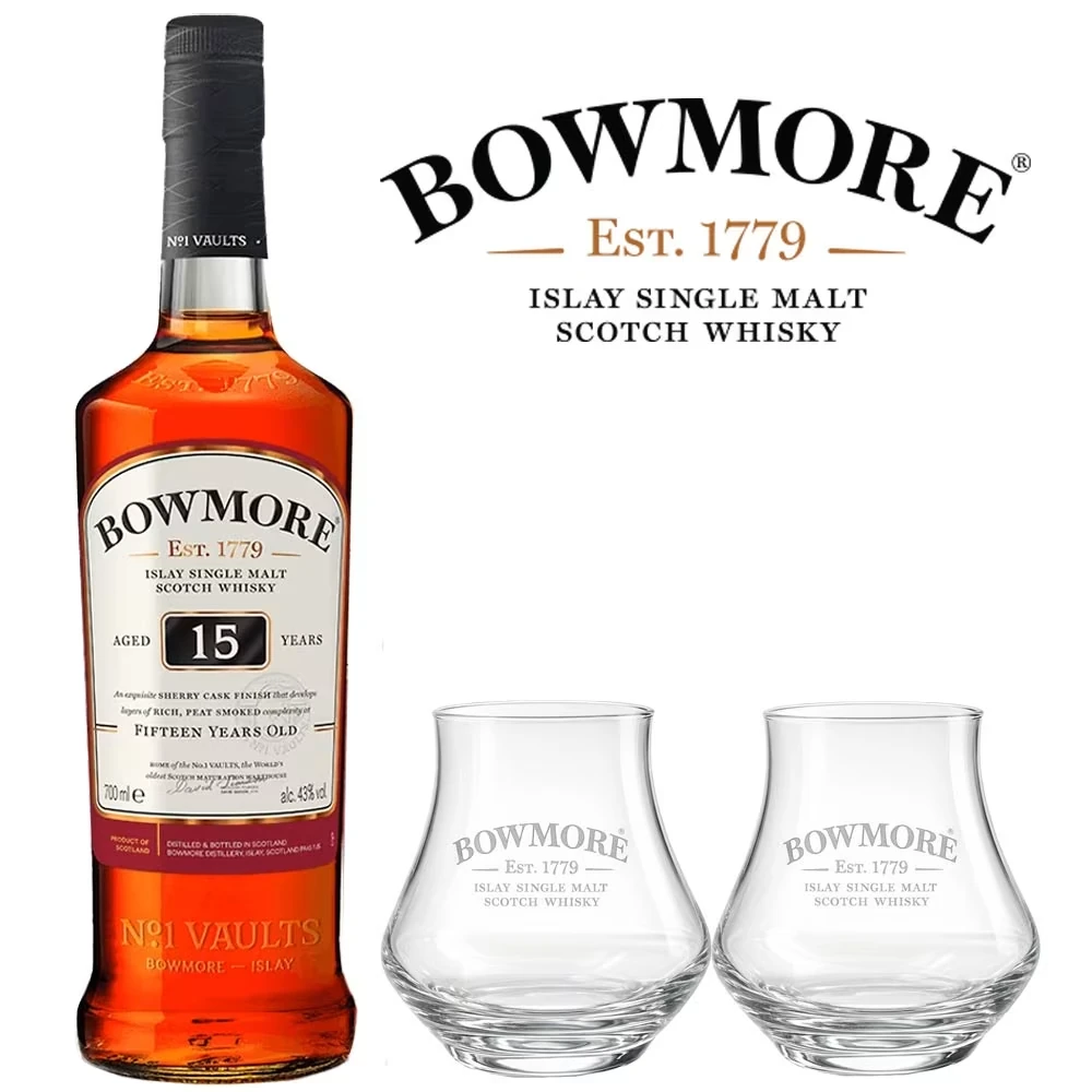 Bowmore 15 Jahre Geschenkset mit 2 Tumblern – 43 % Vol.