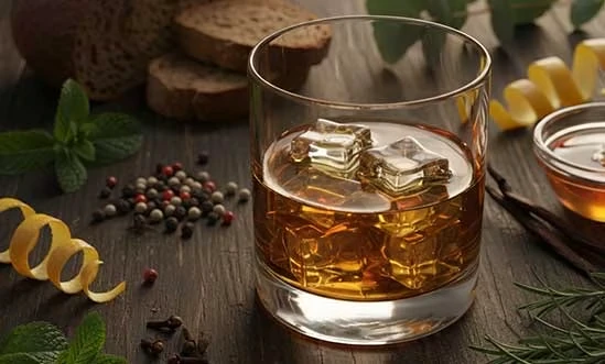Rye Whiskey Geschmack Rye Whiskey auf Holztisch mit Pfeffer, Roggenbrot, Nelke, Kräuter, Zitruszeste, Vanille, Minze, Eukalyptus und Honig