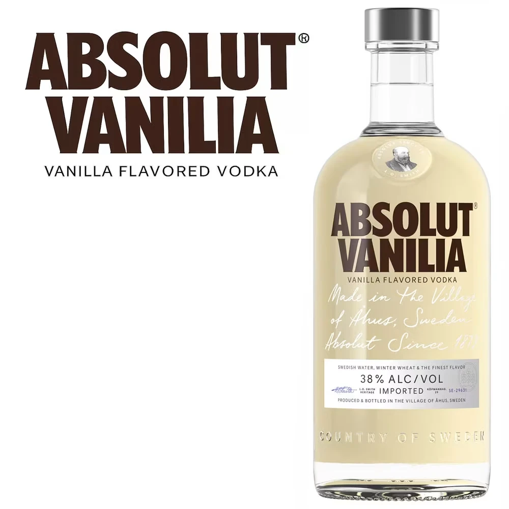 Vanille-Wodka, Absolut, Flasche, Klarer Inhalt, Goldenes Etikett