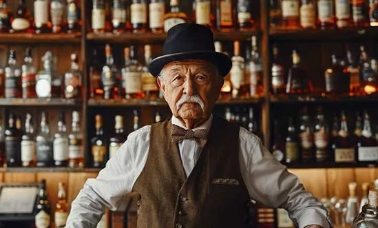 Alter Mann steht vor Bar mit Flaschen von Tennessee Whiskey