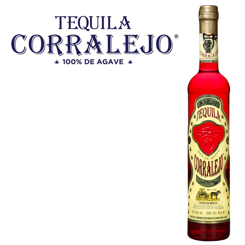 Tequila, Añejo, Agavendestillat, Rote Glasflasche, 100 % Agave, Tequila, Añejo, 100 % Agave, Spirituosenflasche, Rote Flasche