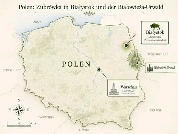 Żubrówka Produktionsstandort Białystok in Polen Karte von Polen mit dem Żubrówka Produktionsstandort Białystok und dem Białowieża-Urwald