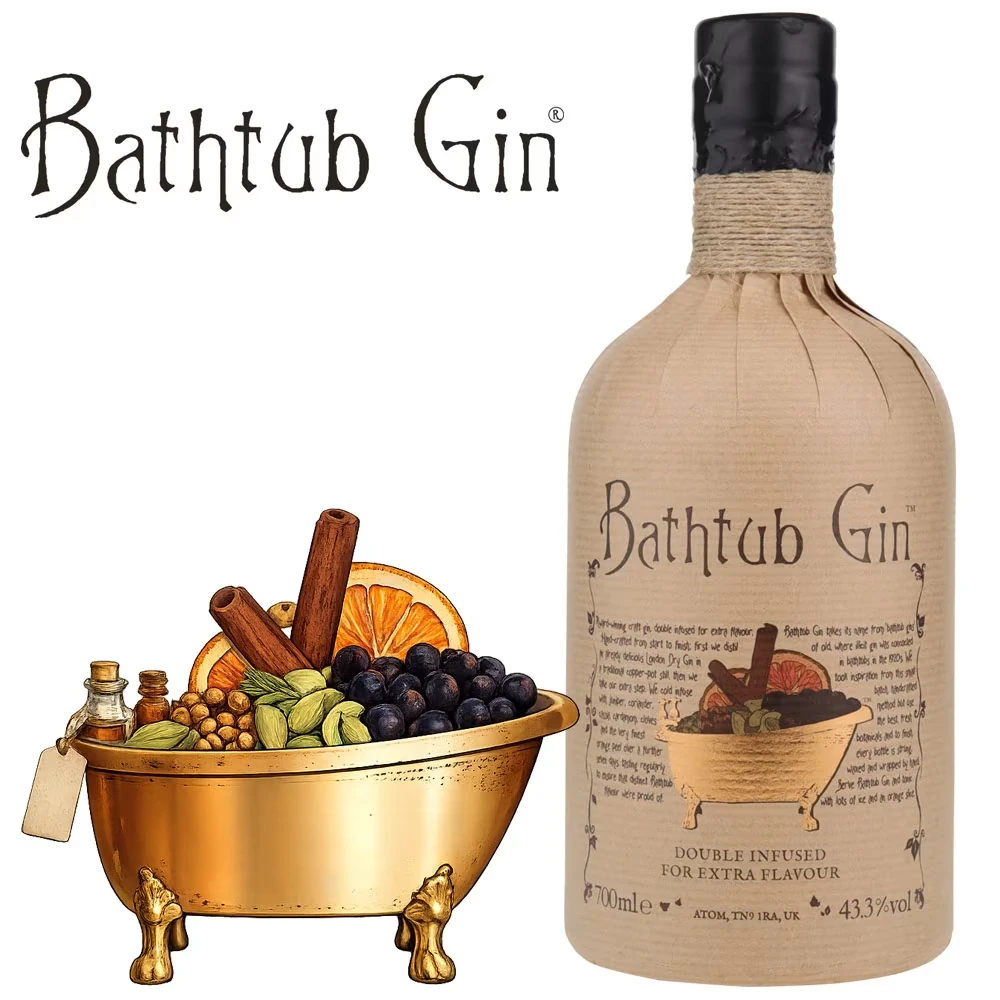 Bath tub gin, Gin bottle, Kupfer Schüssel, Gewürzkorb, Zitrusfrucht