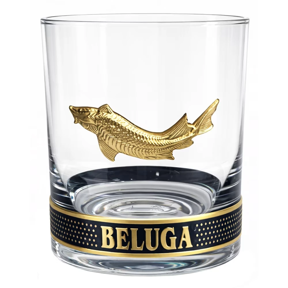 Glas, Schnapsglas, Goldakzent, Fisch-Design, Beluga