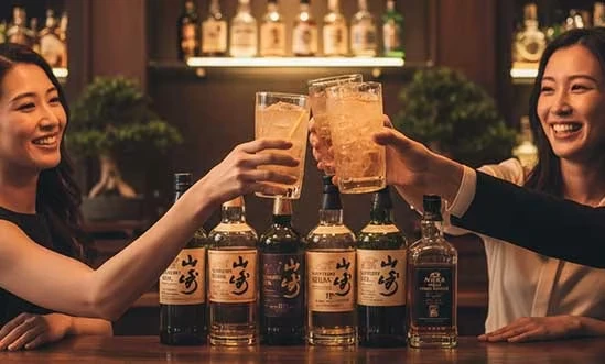 Japanischer Whisky Junge asiatische Menschen stoßen mit japanischem Whisky in Bar an